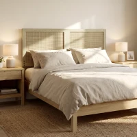 HOMCOM Kopfteil aus Holz mit Rattan-Effekt, Boho-Design, für Schlafzimmer, 140 x 4 x 87 cm, Eiche(m-2)