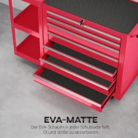 HOMCOM Werkstattwagen Werkzeugwagen mit 7 Schubladen abnehmbar Seitenregal 4 Rollen mit Feststellbremse, 96x33,5x75cm, Rot(m-7)