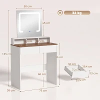 HOMCOM Vanity Table, Dressing Table with Mirror, LED Lights, 2 Drawers, 3 Compartments, 3 Colour Lighting, Walnut(m-3)