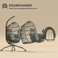Outsunny Hanging Egg Chair Outdoor Indoor Garden Swing Chair with Folding Basket and Thickened Cushion, Garden Hanging Chair with Stand, Headrest, Cup Holder for Patio, Balcony, Dark Grey(m-5)