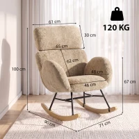 HOMCOM Upholstered Rocking Chair Adjustable Headrest Rocker Chair Raindrop Velvet Rubberwood Base Light Brown(m-3)
