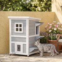 PawHut Maisonnette pour chats sur 2 étages en bois intérieur et extérieur toit rabattable 51 x 51 x 81,3 cm blanc et gris(m-4)