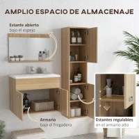 kleankin Conjunto de Muebles de Baño de Pared 4 Piezas Incluye Espejo Armario con Lavabo Cerámico y Columna de Baño Natural(m-6)