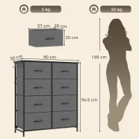HOMCOM Chest of Drawers, Dresser for Bedroom with 8 Fabric Drawers, Tall Storage Unit w/ Side Storage Bag, Grey(m-3)