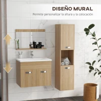 kleankin Conjunto de Muebles de Baño de Pared 4 Piezas Incluye Espejo Armario con Lavabo Cerámico y Columna de Baño Natural(m-5)