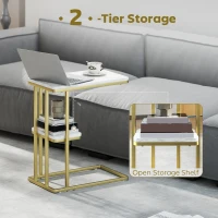 HOMCOM C-Shaped Narrow Side Table, 2-Tier Slim End Table, Nightstand for Small Spaces, Living Room, Bedroom, White Marble Grain(m-5)