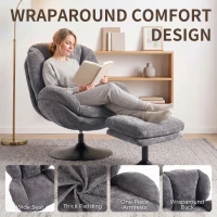 HOMCOM Modern Chenille Lazy Chair with Ottoman, 360° Swivel, Upholstered Reading Seat Set for Living Room, Dark Grey(m-7)