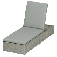 Outsunny Rattan Sun Lounger, Five-Position Reclining Garden Lounger Bed with Cushion, Light Grey(m-11)