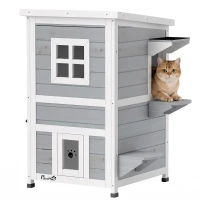 PawHut Maisonnette pour chats sur 2 étages en bois intérieur et extérieur toit rabattable 51 x 51 x 81,3 cm blanc et gris(m-12)