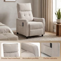 HOMCOM Fauteuil de massage inclinable fauteuil de relaxation en lin avec repose-pieds poche latérale télécommande crème(m-7)
