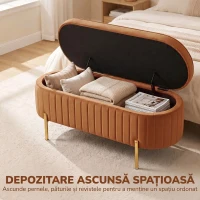 HOMCOM Banchetă Ovală cu Depozitare 72 L, cu Capac Rabatabil, din Material Catifelat și Lemn, 108x44x43,5 cm, Maro Auriu(m-4)