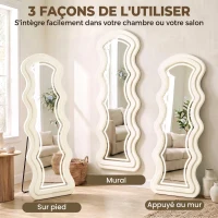 HOMCOM Miroir Pleine Longueur Ondulé 160 x 60 cm, LED 3 Couleurs, Cadre Effet Velours, Verre Trempé HD, Crème(m-7)
