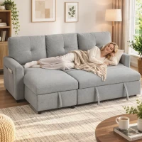 HOMCOM Divano Letto 3 Posti Estraibile con Chaise Longue Contenitore e Cuscini in Tessuto, Grigio(m-9)