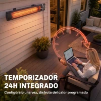 Outsunny Calefactor por Infrarrojos Terraza 3000 W IP65 9 Niveles Calor Temporizador 24 H Control Táctil/Remoto Pantalla LED(m-6)