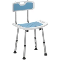 HOMCOM Scaun de Duș din Aluminiu și EVA, Reglabil pe 6 Niveluri, cu Spătar Curbat, 51,5x49,5x68,5-81 cm, Albastru Deschis și Alb(m-11)