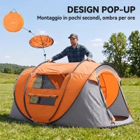 Outsunny Tenda da Campeggio Pop Up 3 Posti con 2 Porte, 4 Finestre e Telo, 263.5x220x123 cm, Arancione(m-4)