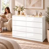 HOMCOM Comodă cu 8 Sertare cu 2 Sertare pentru Bijuterii Blat din Sticlă Securizată Lumini LED și Control Bluetooth Albă(m-5)