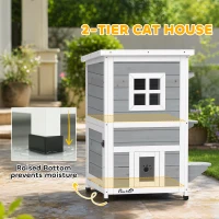 PawHut Wooden Cat House 2-Floor Outdoor Kitten Shelter with 3 Doors and Window Grey(m-5)
