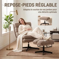 HOMCOM Fauteuil de Salon avec Repose-Pied Réglable, Rotation 360°, Fauteuil d'Appoint Capitonné en Lin, Assise Large, Marron(m-4)