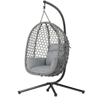 Outsunny Hanging Egg Chair, Indoor Outdoor Rattan Hammock Swing Chair with Stand, Safety Strap, Foldable Basket, Dark Grey(m-15)