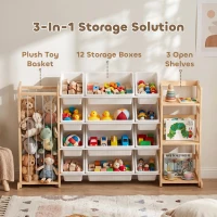 AIYAPLAY Wooden Toy Storage Unit with Stuffed Animal Storage, Bookshelf and 12 Bins for Kids Rooms, Bedroom, Playroom, Nursery(m-4)