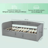 HOMCOM Lit Gigogne 90/180x190 cm, Canapé Lit Convertible 3 Places, Sommier à Lattes en Bois, Tête Rembourrée en Velours, Gris(m-3)