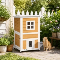 PawHut Caseta para Gatos de Madera Exterior de 2 Niveles con Techo Abatible Panel Central Extraíble 51x51x81,3 cm Natural(m-10)