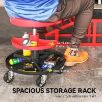 HOMCOM Rolling Mechanic Stool, 135kg Capacity Workshop Stool, 360° Swivel Roller Padded Creeper Seat with Wheels, Tool Trays Storage for Garage, Shop, Auto Repair, Red(m-8)