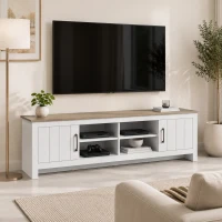HOMCOM Meuble TV 175 cm, Meuble Télé pour Téléviseur jusqu'à 55 Pouces avec 2 Portes et 4 Compartiments Ouverts, Chêne et Blanc(m-12)