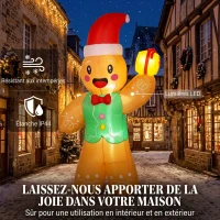 Outsunny Bonhomme Pain d'Épice Gonflable de Noël 2,5 m avec Lumières LED, Boîte Cadeau et Souffleur, Intérieur et Extérieur(m-4)