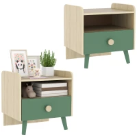 Lot de 2 tables de chevet enfant, tables de nuit enfant avec tiroir et niche, pour chambre d'enfant, 40x32,5x40cm, vert(m-11)