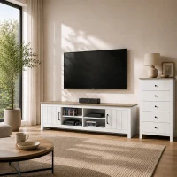 HOMCOM Meuble TV 175 cm, Meuble Télé pour Téléviseur jusqu'à 55 Pouces avec 2 Portes et 4 Compartiments Ouverts, Chêne et Blanc(m-6)