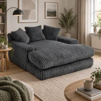 Oversized Chaise Longue Sofa with 3 Throw Cushions and Wide Armrests, Chair with Shredded Memory Foam Seat, Dark Gray(m-1)