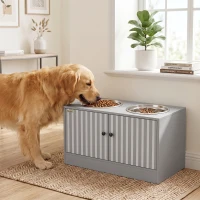 PawHut Gamelle Chien Surélevée Meuble d'Alimentation Rangement 40L 2 Bols Inox 2L 1 Gamelle Anti-Glouton 60x30x35,5cm Gris(m-10)
