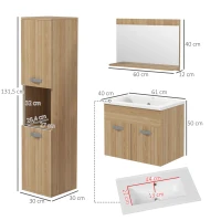 kleankin Conjunto de Muebles de Baño de Pared 4 Piezas Incluye Espejo Armario con Lavabo Cerámico y Columna de Baño Natural(m-3)