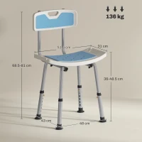 HOMCOM Scaun de Duș din Aluminiu și EVA, Reglabil pe 6 Niveluri, cu Spătar Curbat, 51,5x49,5x68,5-81 cm, Albastru Deschis și Alb(m-3)