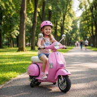 AIYAPLAY Moto Eléctrica Niños 12V Vespa PX150 Ruedas Auxiliares 2 Motores Suspensión Trasera Música Faros 3 km/h 3-6 Años Rosa(m-2)