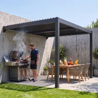 Outsunny 3 x 3 m Louvered Pergola with LED Lights, Metal Louvres, Wall Mounted Aluminium Patio Gazebo Pergola, Dark Grey(m-8)
