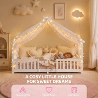 AIYAPLAY Wooden Kids House Single Bed Frame, Solid Pine Wood Toddler Bed with Dual Guardrails for Children, Boys, Girls, White(m-4)
