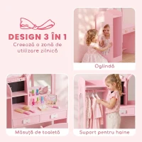 AIYAPLAY Măsuță de Toaletă pentru Copii 3 În 1 cu Taburet, Oglindă cu 2 Tipuri de Lumină și Suport Haine, Roz, 3-8 Ani(m-4)