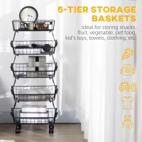 HOMCOM 5 Tier Storage Trolley, Stackable Fruit Vegetable Cart for Kitchen, Living Room, 40 x 2 x 97 cm, Black(m-4)