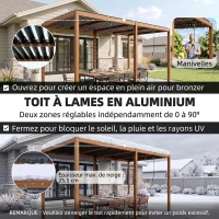 Outsunny Pergola 3 x 6 m  pergola d'extérieur tonnelle avec persiennes manivelle toit réglable en aluminium crochets bois naturel(m-4)