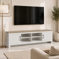 HOMCOM Meuble TV 175 cm, Meuble Télé pour Téléviseur jusqu'à 55 Pouces avec 2 Portes et 4 Compartiments Ouverts, Chêne et Blanc(m-2)