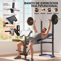 HOMCOM Banco de Musculação Multifuncional com Suporte para Barras e Encosto Ajustável 155x56,5x120 cm Preto e Azul(m-5)