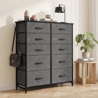 HOMCOM Chest of Drawers, Dresser with 10 Fabric Drawers, Tall Storage Unit with 4 Pockets and 2 Hooks Steel Frame, Grey(m-2)