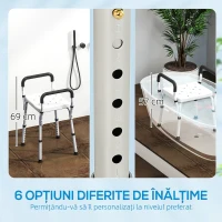 HOMCOM Scaun de Duș din Aluminiu, Reglabil pe Înălțime, cu Cotiere și Picioare Antiderapante, Alb(m-4)