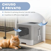 PawHut Lettiera Gatto Chiusa M 60L con Coperchio, Vassoio Estraibile, Paletta, Antiperdita, Facile da Pulire, Grigio(m-5)