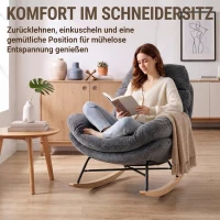 HOMCOM Schommelstoel van chenille, fauteuil voor kleermakerszit met dubbellaags kussen, zachte rugleuning en onderstel van rubberhout, donkergrijs(m-4)