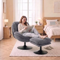 HOMCOM Modern Chenille Lazy Chair with Ottoman, 360° Swivel, Upholstered Reading Seat Set for Living Room, Dark Grey(m-8)