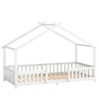AIYAPLAY Wooden Kids House Single Bed Frame, Solid Pine Wood Toddler Bed with Dual Guardrails for Children, Boys, Girls, White(m-1)